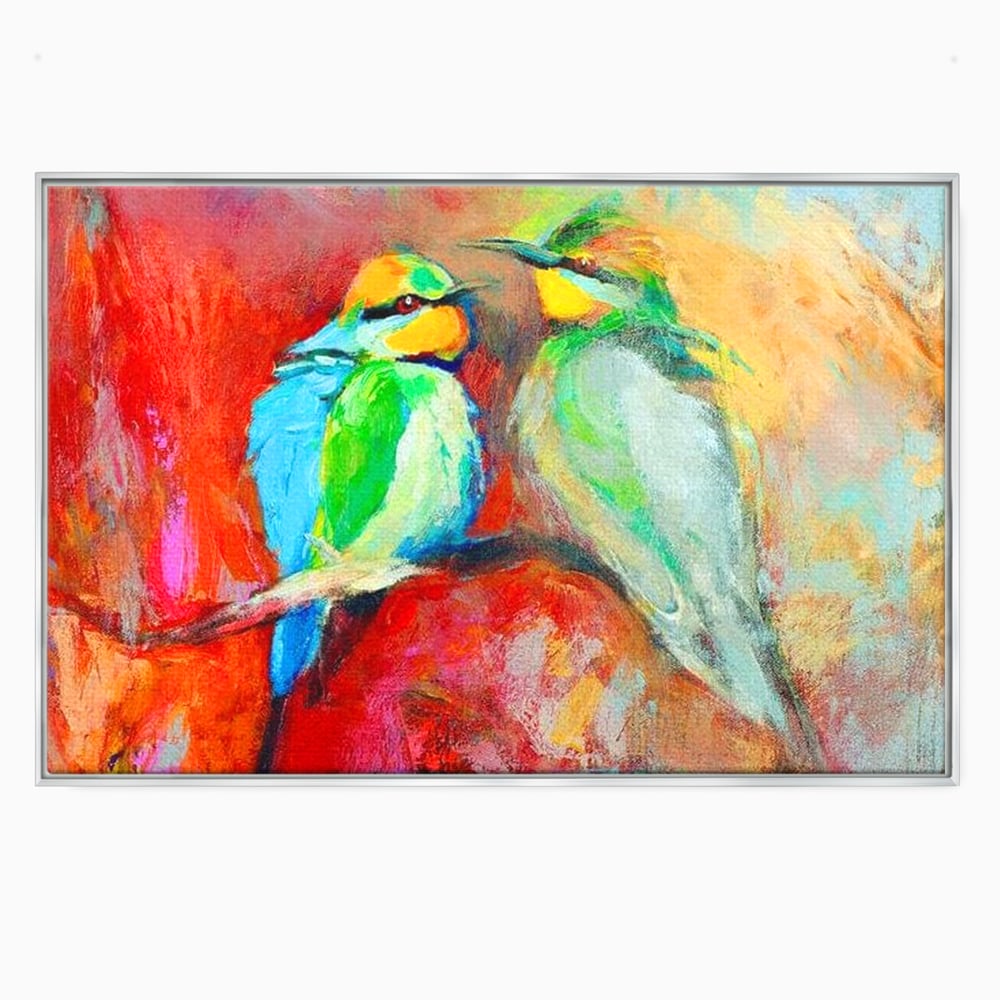 Tablou canvas cu tablou canvas cu doua pasari colorate pe creanga, in rama de aluminiu argintiu