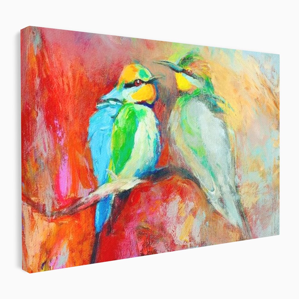 Tablou canvas cu tablou canvas cu doua pasari colorate pe creanga, fara rama, pe sasiu de lemn