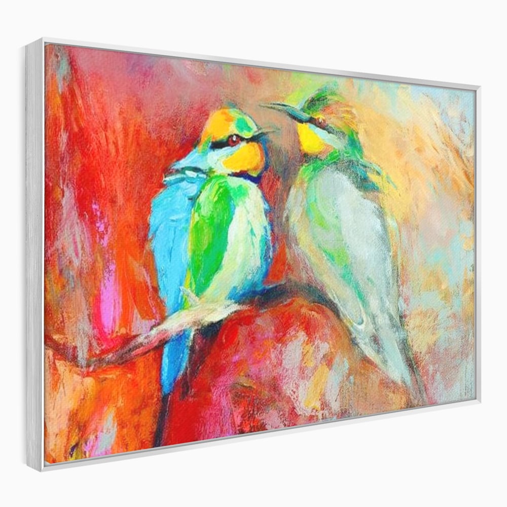 Tablou canvas cu tablou canvas cu doua pasari colorate pe creanga, in rama de aluminiu argintiu