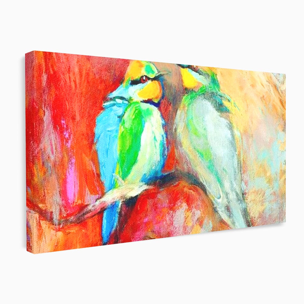 Tablou canvas cu tablou canvas cu doua pasari colorate pe creanga, fara rama, pe sasiu de lemn