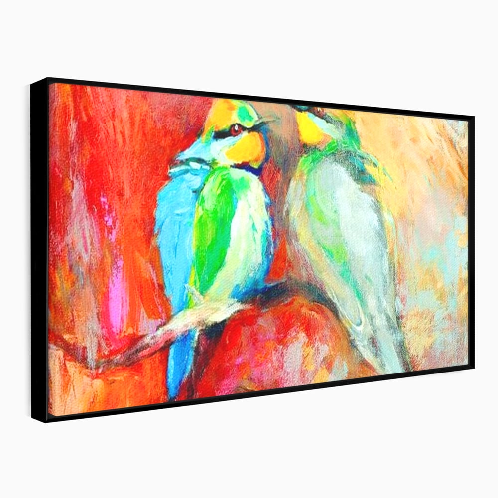 Tablou canvas cu tablou canvas cu doua pasari colorate pe creanga, in rama de aluminiu negru