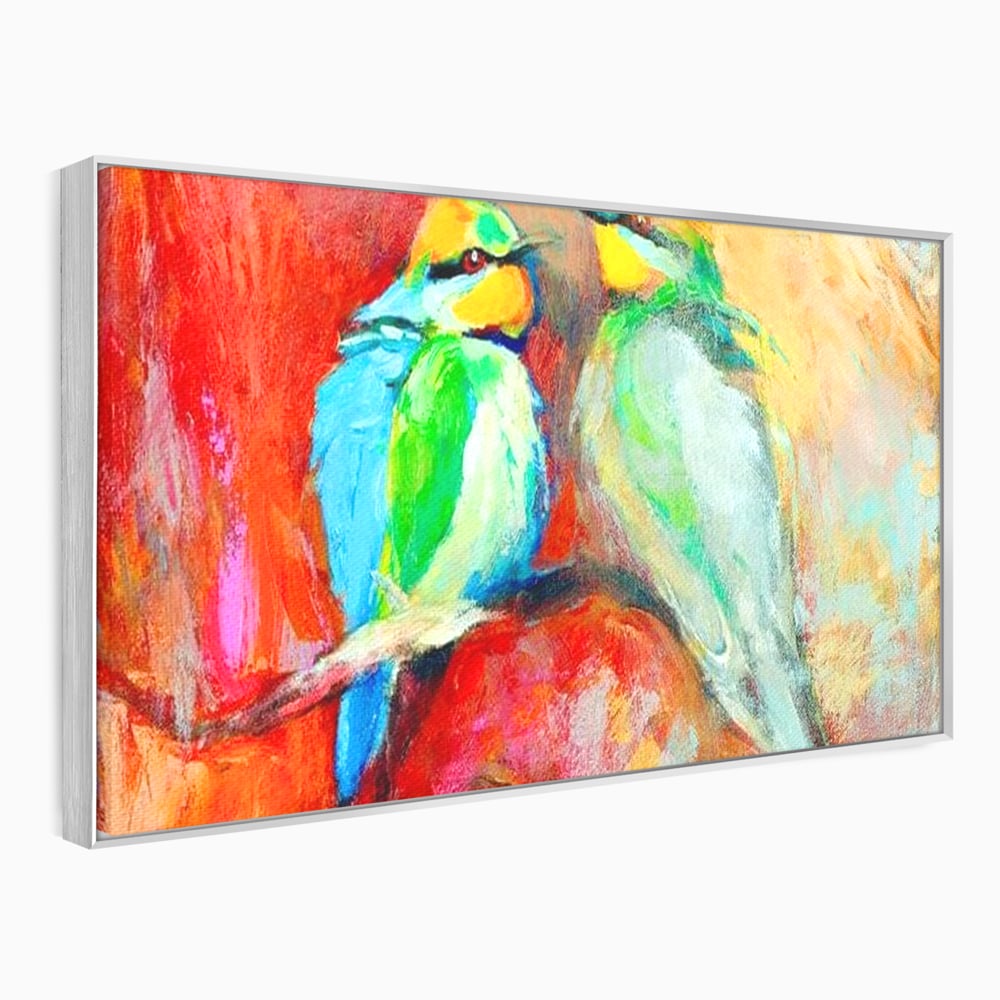 Tablou canvas cu tablou canvas cu doua pasari colorate pe creanga, in rama de aluminiu argintiu