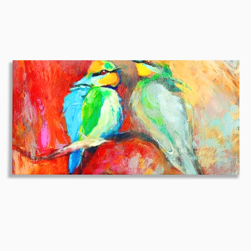 Tablou canvas cu tablou canvas cu doua pasari colorate pe creanga, fara rama, pe sasiu de lemn