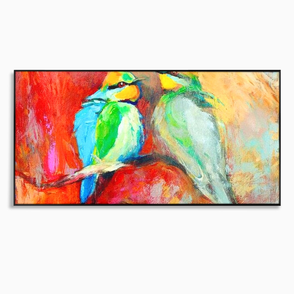 Tablou canvas cu tablou canvas cu doua pasari colorate pe creanga, in rama de aluminiu negru