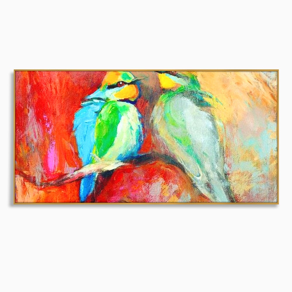 Tablou canvas cu tablou canvas cu doua pasari colorate pe creanga, in rama de aluminiu auriu