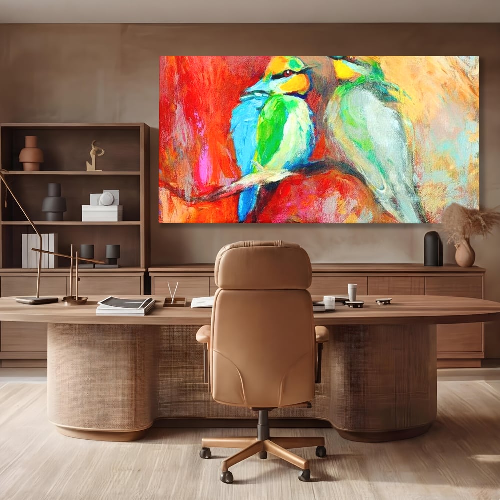 Tablou canvas cu tablou canvas cu doua pasari colorate pe creanga, fara rama, pe sasiu de lemn, pe perete intr-un birou