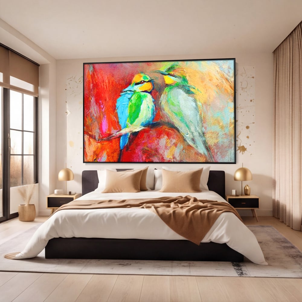 Tablou canvas cu tablou canvas cu doua pasari colorate pe creanga, in rama de aluminiu negru, pe perete intr-un dormitor