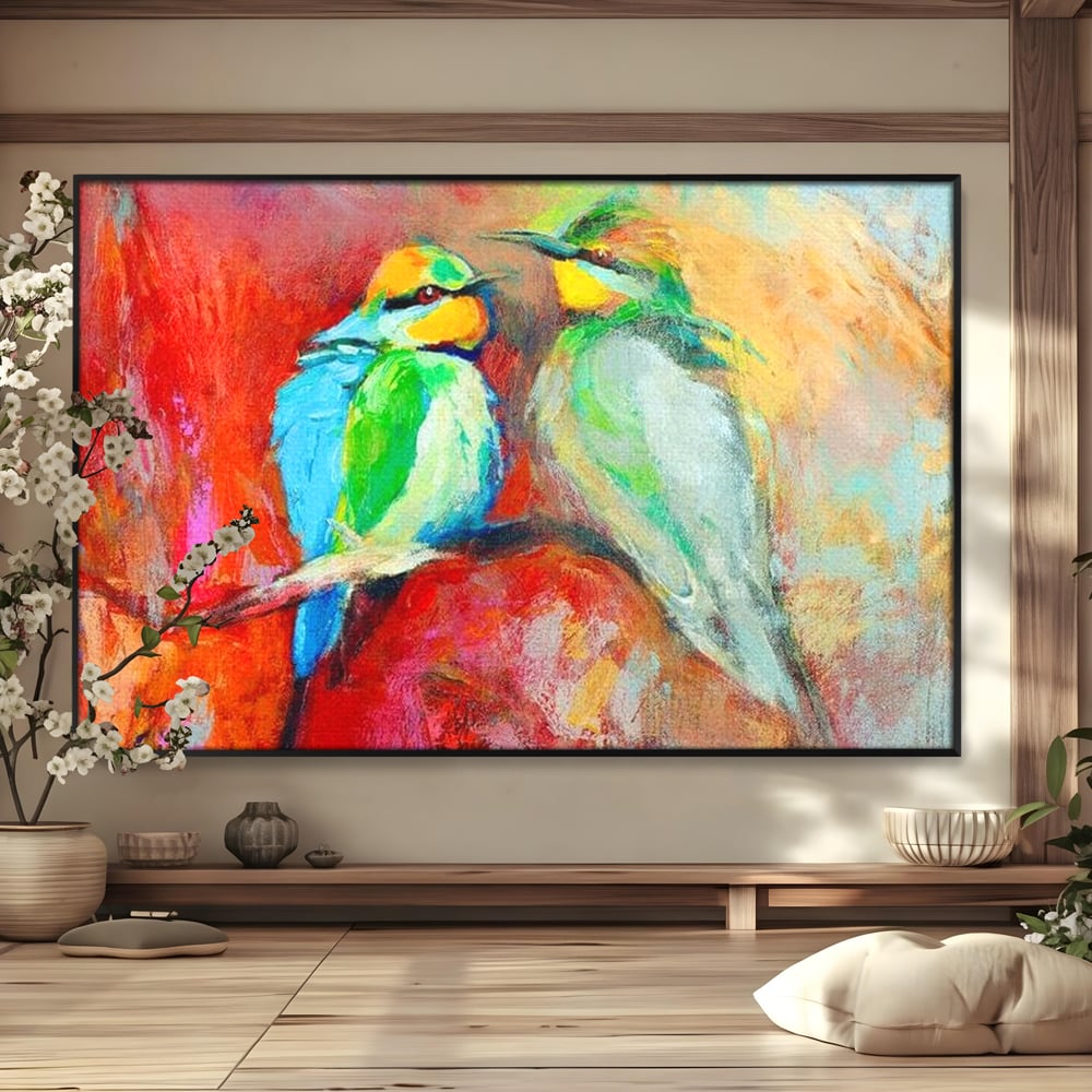 Tablou canvas cu tablou canvas cu doua pasari colorate pe creanga, in rama de aluminiu negru