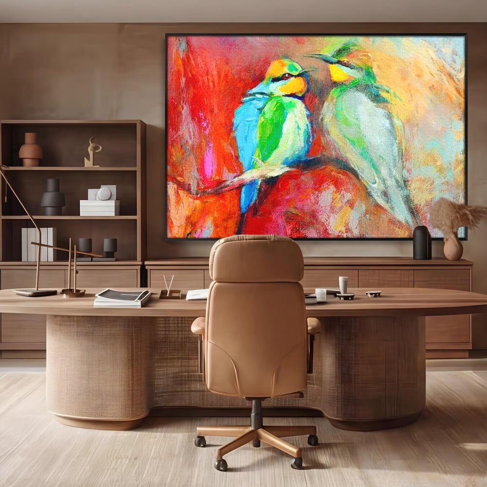 Tablou canvas cu tablou canvas cu doua pasari colorate pe creanga, in rama de aluminiu negru, pe perete intr-un birou
