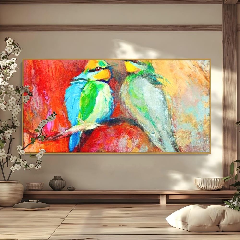 Tablou canvas cu tablou canvas cu doua pasari colorate pe creanga, in rama de aluminiu auriu