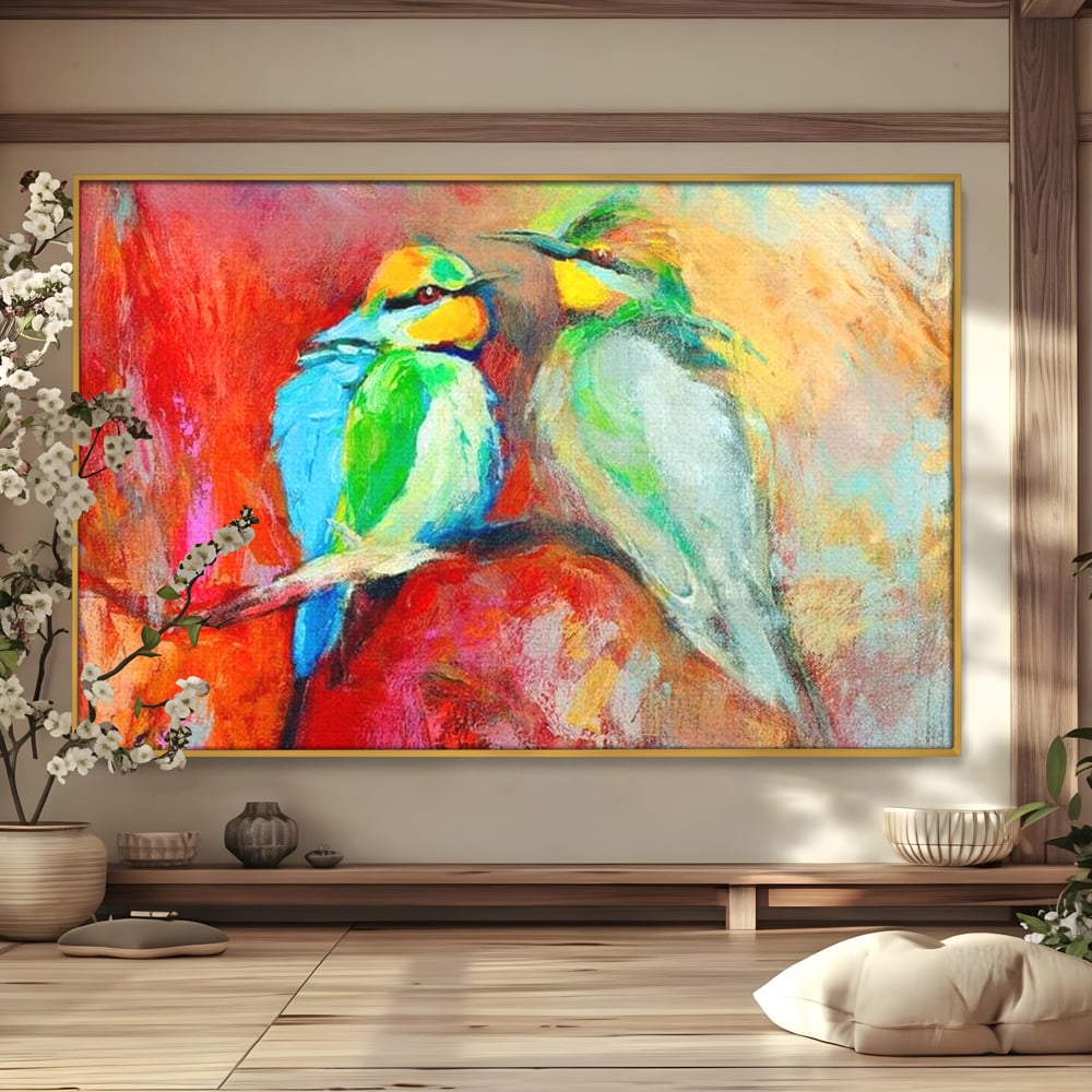 Tablou canvas cu tablou canvas cu doua pasari colorate pe creanga, in rama de aluminiu auriu