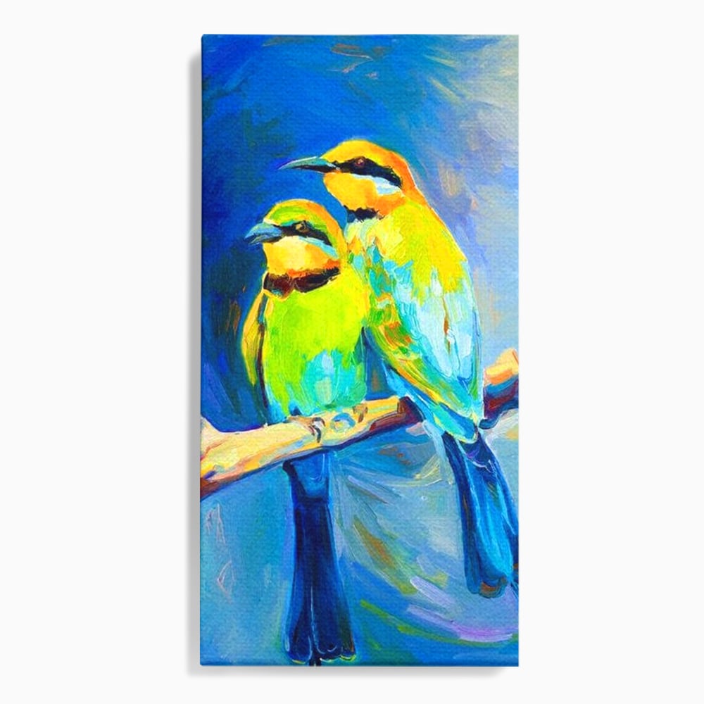 Tablou canvas cu tablou cu doua pasari pe creanga, fara rama, pe sasiu de lemn