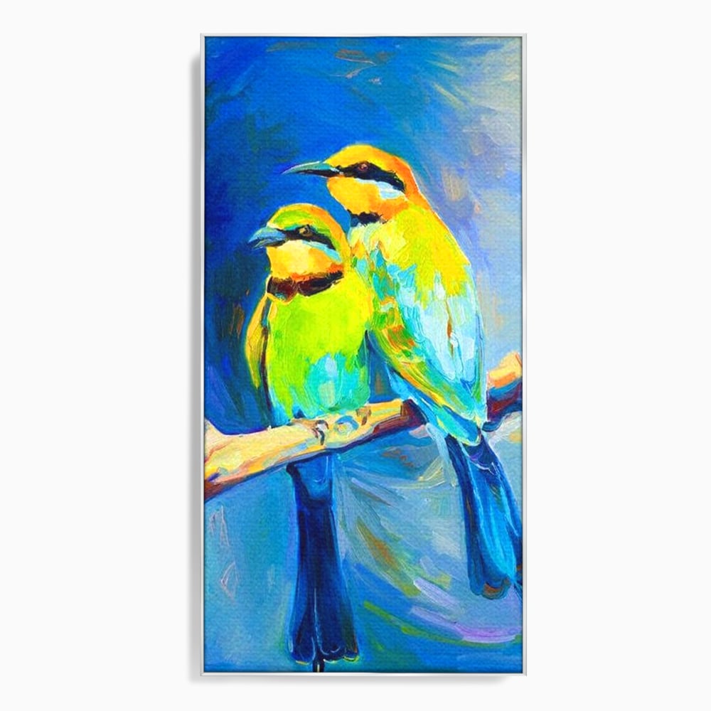 Tablou canvas cu tablou cu doua pasari pe creanga, in rama de aluminiu argintiu