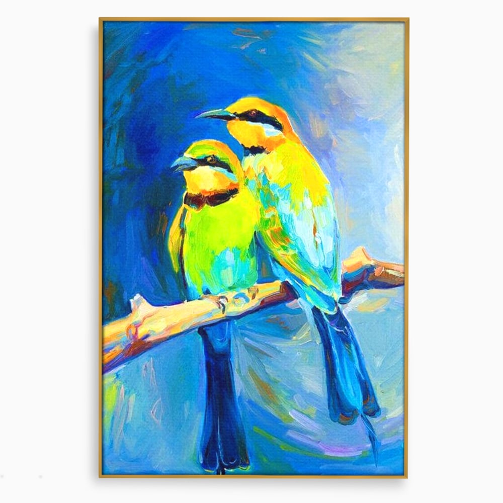 Tablou canvas cu tablou cu doua pasari pe creanga, in rama de aluminiu auriu