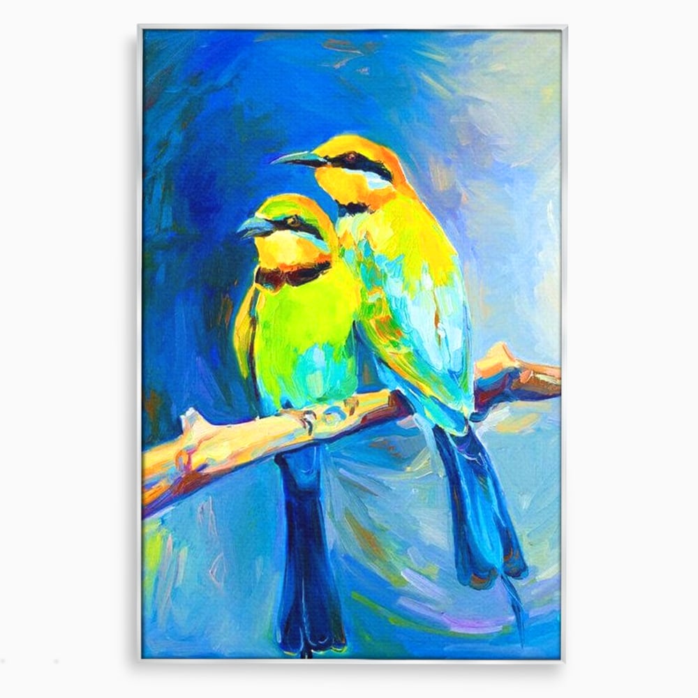 Tablou canvas cu tablou cu doua pasari pe creanga, in rama de aluminiu argintiu