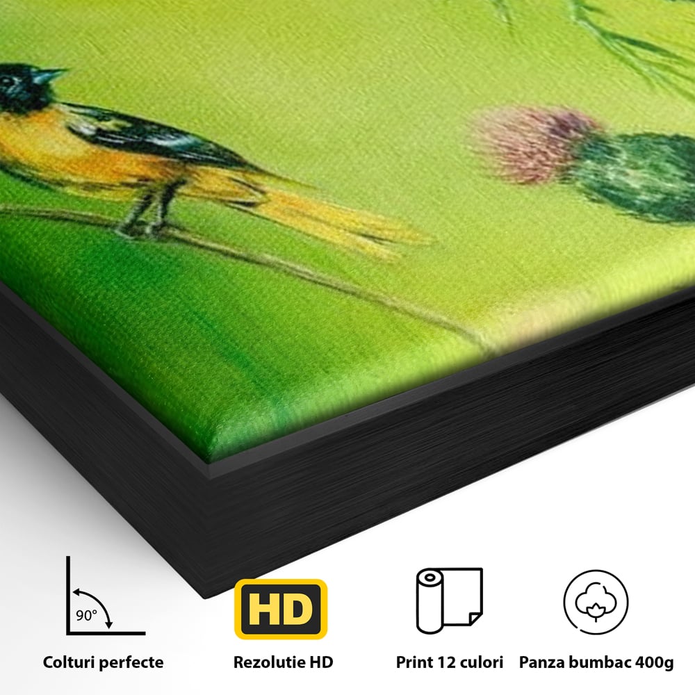 Detaliu al suprafetei: tablou canvas cu pasari si ciulini, in rama de aluminiu negru