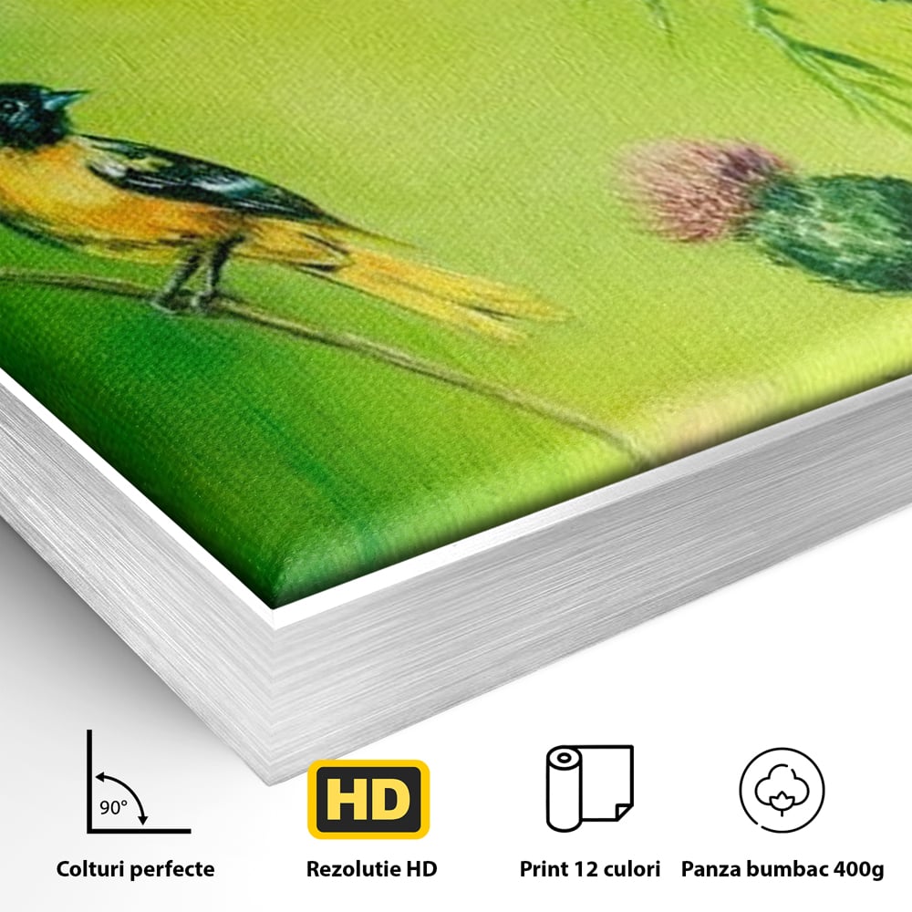 Detaliu al suprafetei: tablou canvas cu pasari si ciulini, in rama de aluminiu argintiu