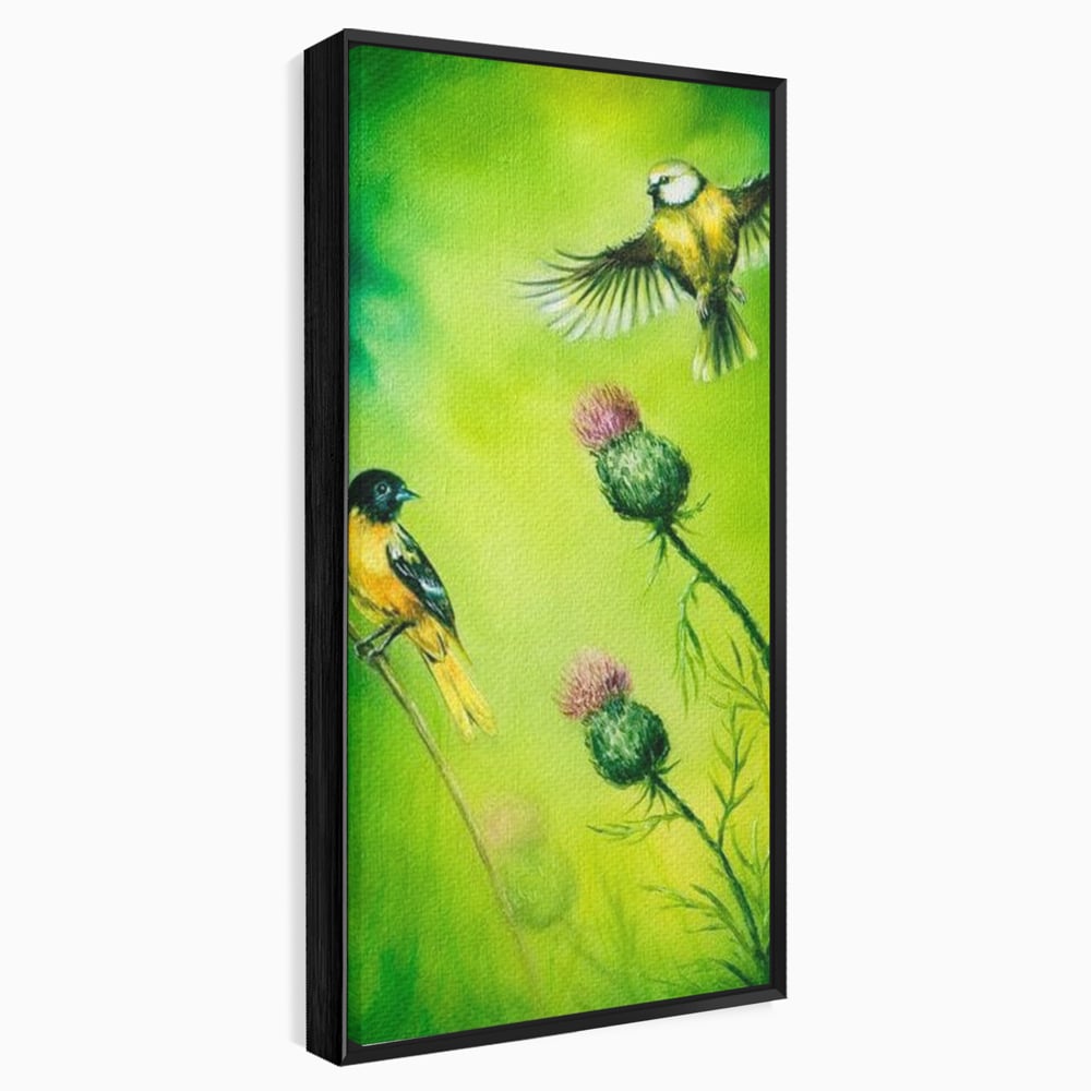 Tablou canvas cu tablou canvas cu pasari si ciulini, in rama de aluminiu negru