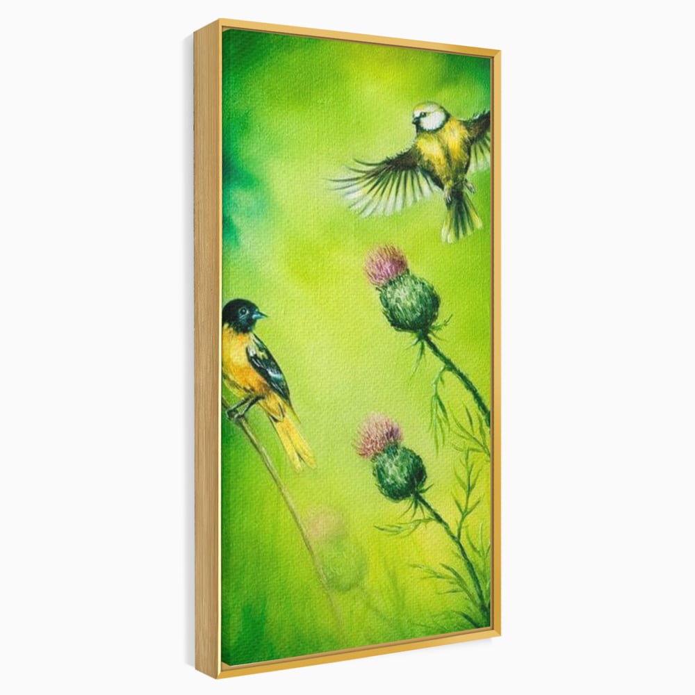 Tablou canvas cu tablou canvas cu pasari si ciulini, in rama de aluminiu auriu