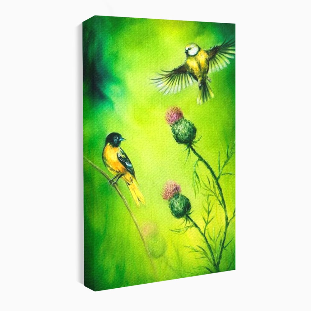 Tablou canvas cu tablou canvas cu pasari si ciulini, fara rama, pe sasiu de lemn