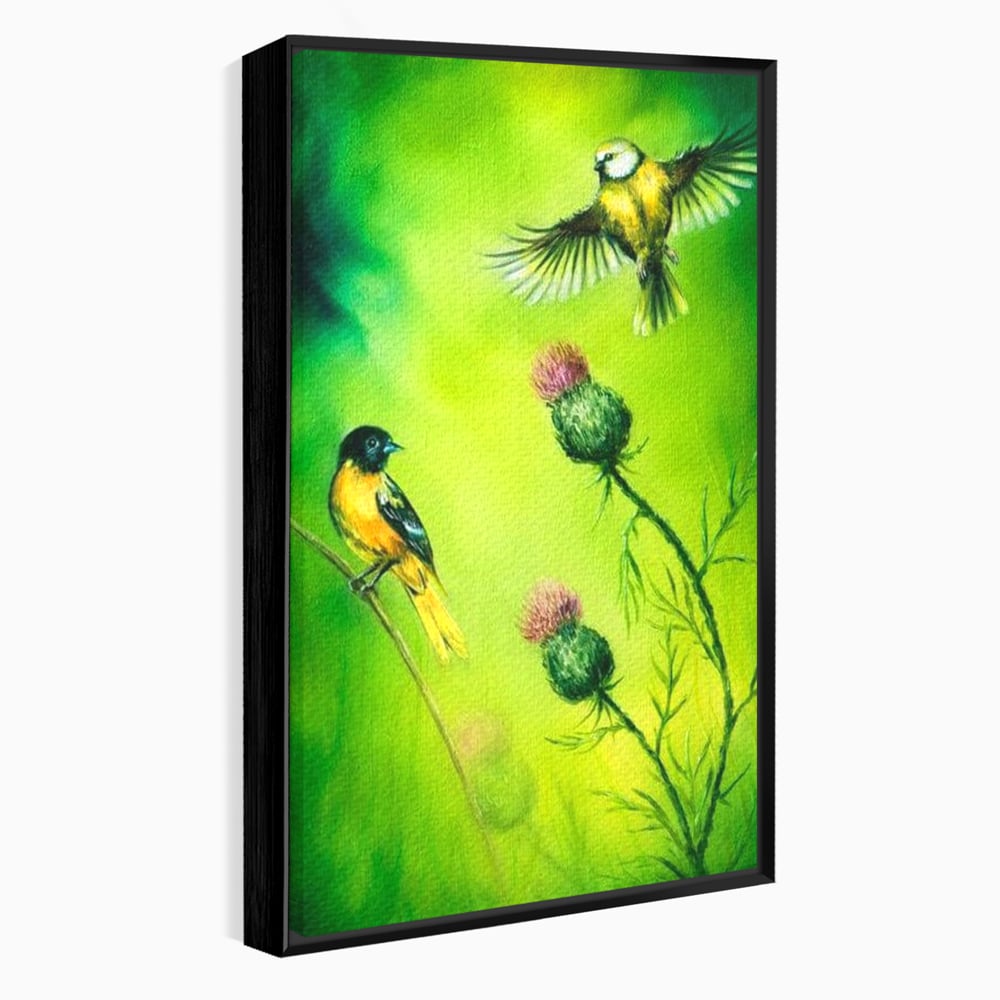 Tablou canvas cu tablou canvas cu pasari si ciulini, in rama de aluminiu negru