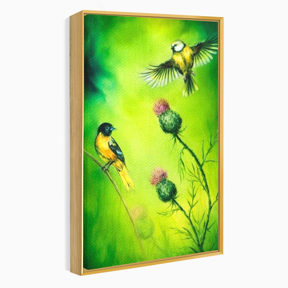 Tablou canvas cu tablou canvas cu pasari si ciulini, in rama de aluminiu auriu