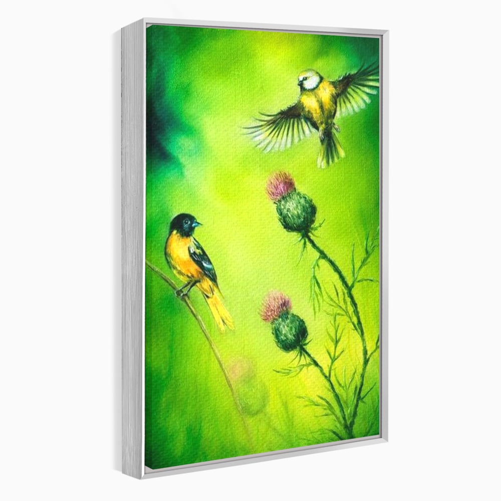 Tablou canvas cu tablou canvas cu pasari si ciulini, in rama de aluminiu argintiu
