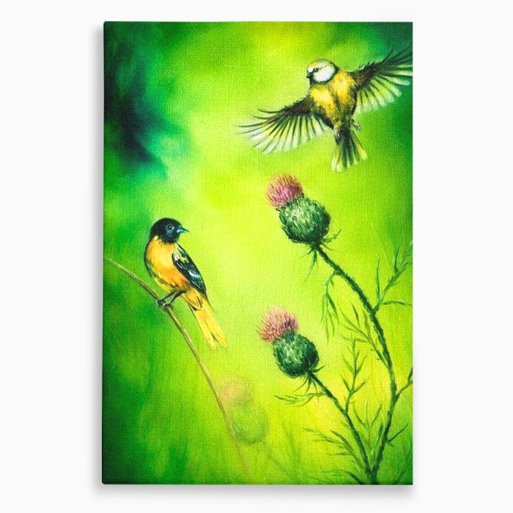 Tablou canvas cu tablou canvas cu pasari si ciulini, fara rama, pe sasiu de lemn