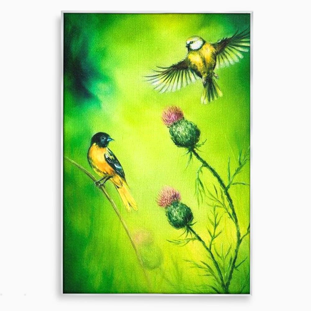 Tablou canvas cu tablou canvas cu pasari si ciulini, in rama de aluminiu argintiu