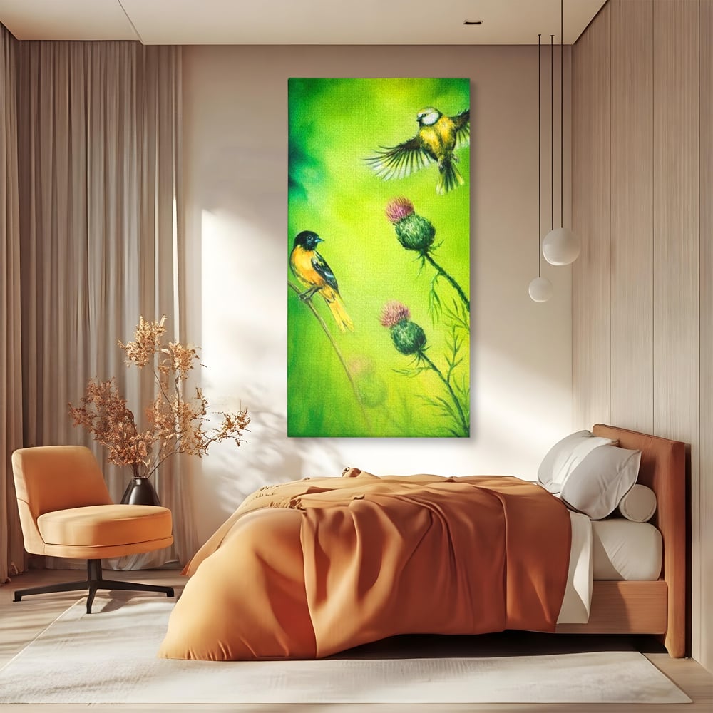 Tablou canvas cu tablou canvas cu pasari si ciulini, fara rama, pe sasiu de lemn, pe perete intr-un dormitor