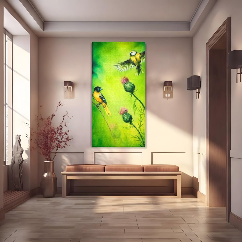 Tablou canvas cu tablou canvas cu pasari si ciulini, fara rama, pe sasiu de lemn