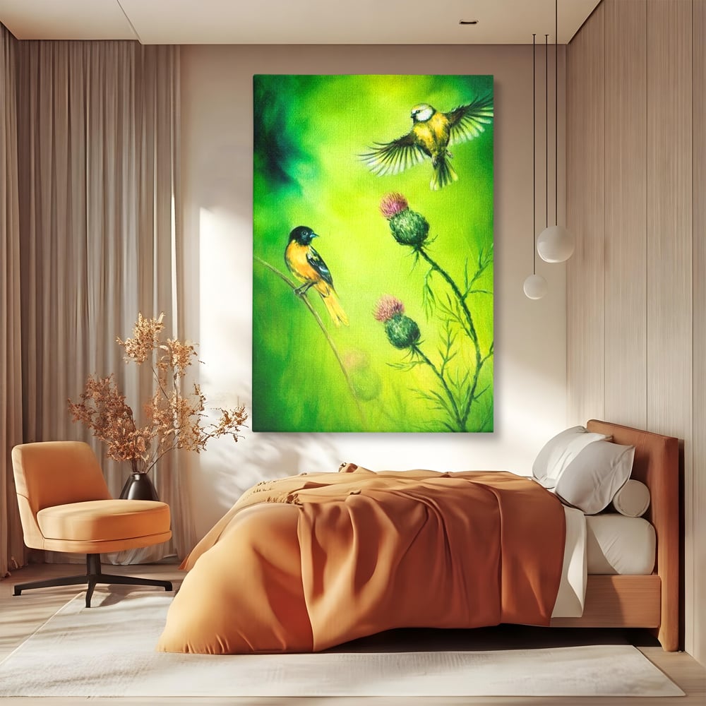 Tablou canvas cu tablou canvas cu pasari si ciulini, fara rama, pe sasiu de lemn, pe perete intr-un dormitor