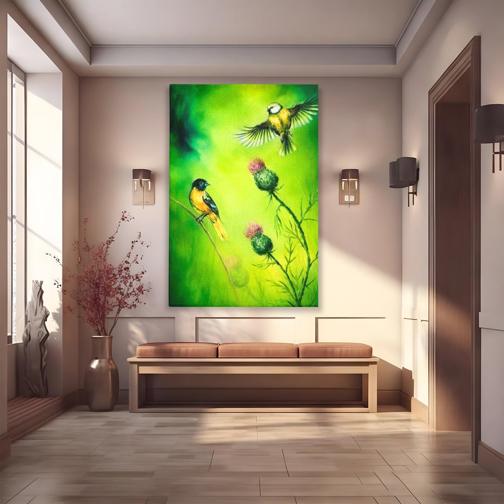 Tablou canvas cu tablou canvas cu pasari si ciulini, fara rama, pe sasiu de lemn