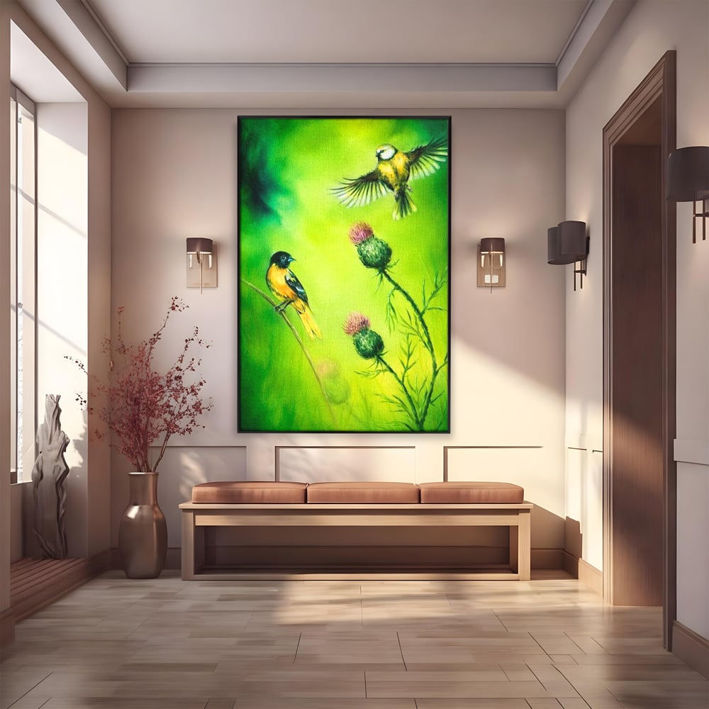 Tablou canvas cu tablou canvas cu pasari si ciulini, in rama de aluminiu negru