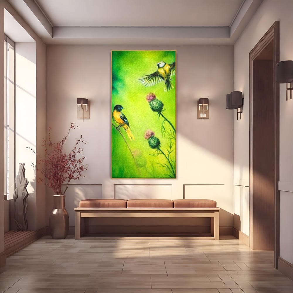 Tablou canvas cu tablou canvas cu pasari si ciulini, in rama de aluminiu auriu
