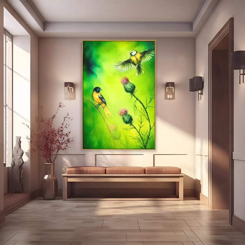 Tablou canvas cu tablou canvas cu pasari si ciulini, in rama de aluminiu auriu