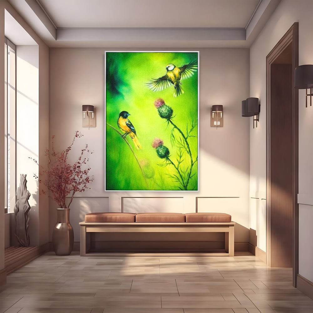 Tablou canvas cu tablou canvas cu pasari si ciulini, in rama de aluminiu argintiu