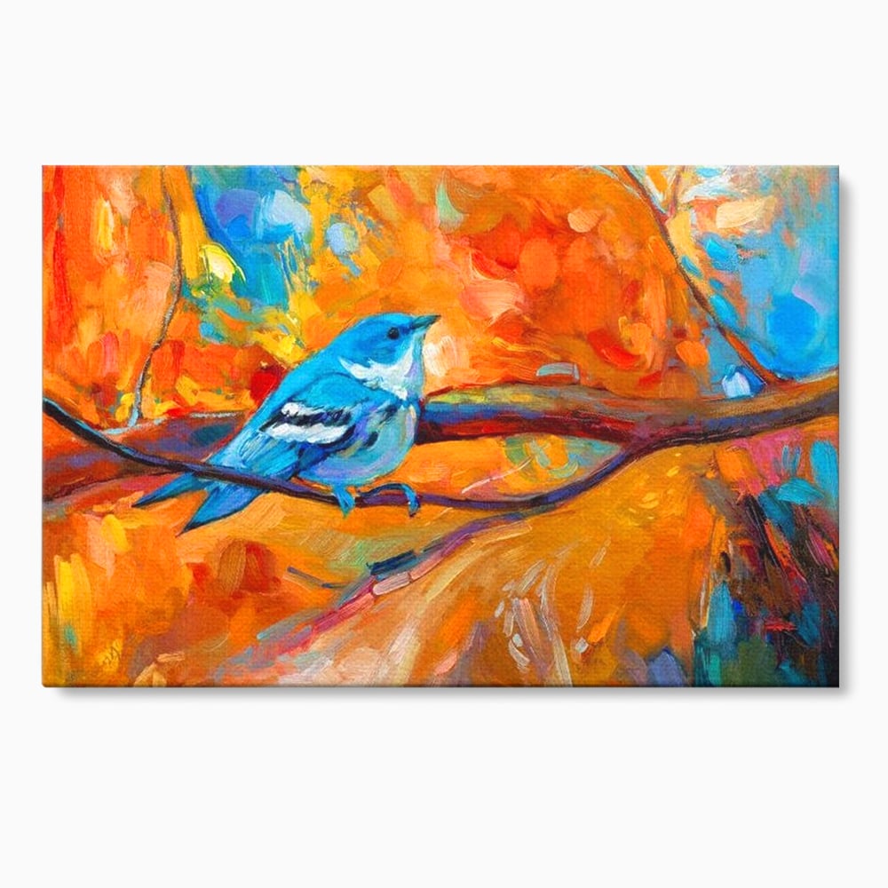 Tablou canvas cu tablou canvas cu pasare albastra pe ramura, fara rama, pe sasiu de lemn