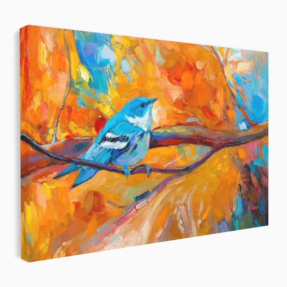 Tablou canvas cu tablou canvas cu pasare albastra pe ramura, fara rama, pe sasiu de lemn