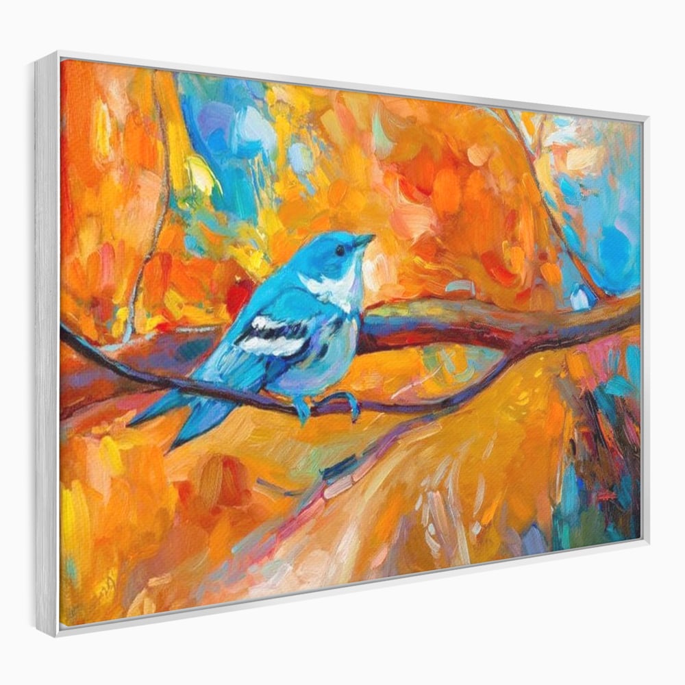 Tablou canvas cu tablou canvas cu pasare albastra pe ramura, in rama de aluminiu argintiu