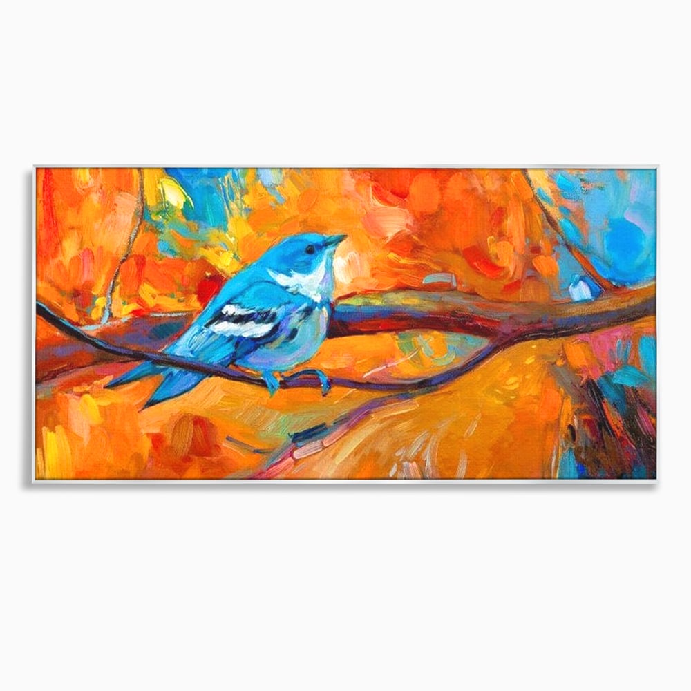 Tablou canvas cu tablou canvas cu pasare albastra pe ramura, in rama de aluminiu argintiu