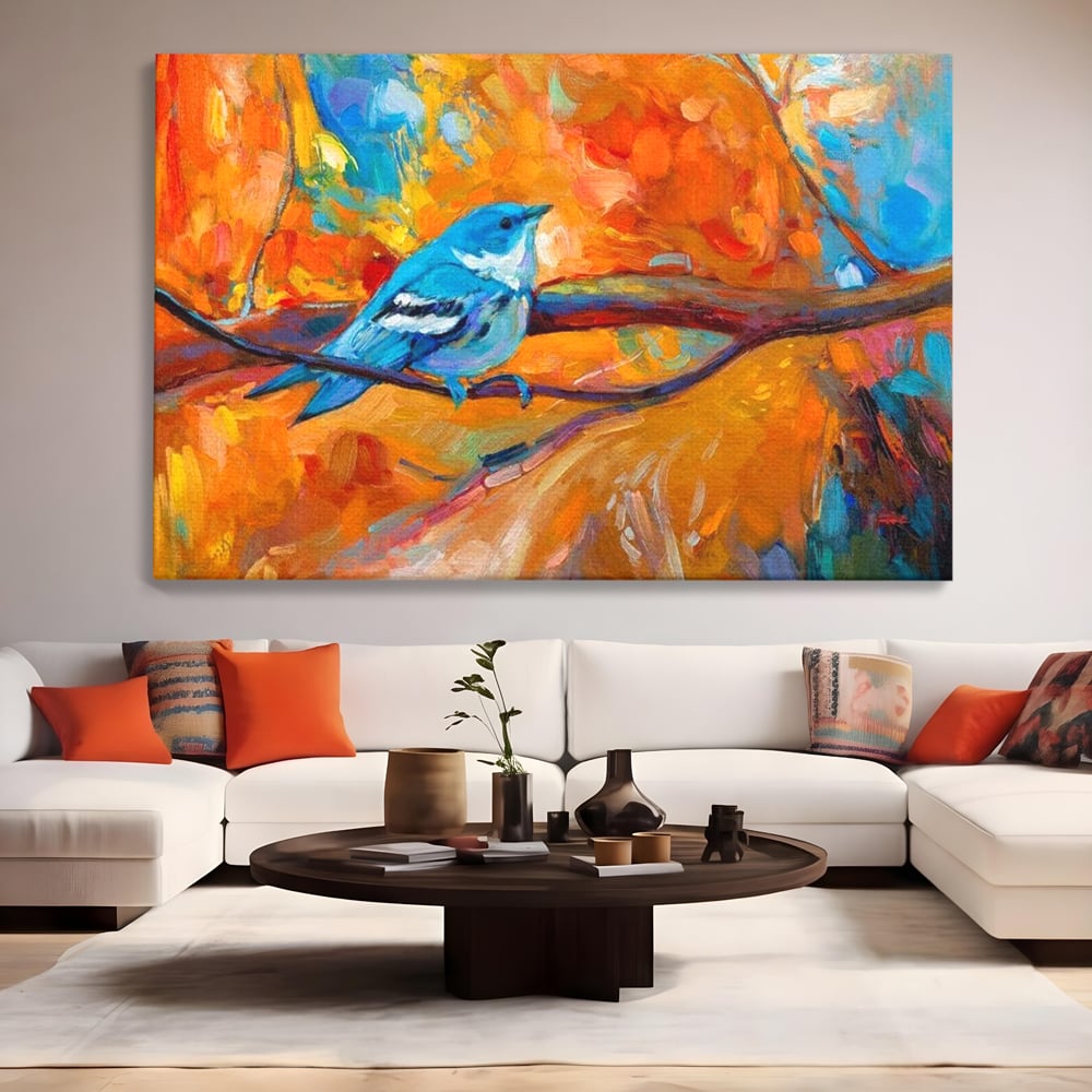Tablou canvas cu tablou canvas cu pasare albastra pe ramura, fara rama, pe sasiu de lemn, pe perete intr-un living