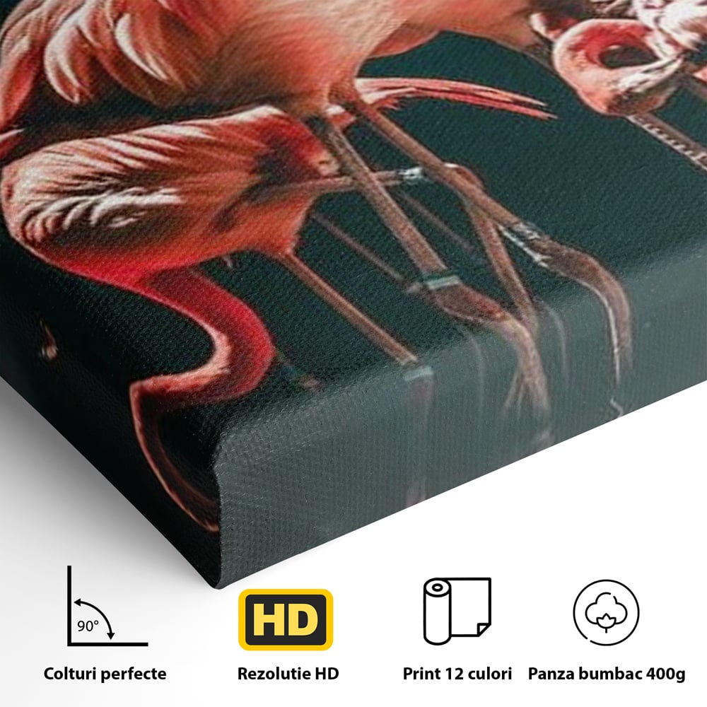 Detaliu al suprafetei: tablou canvas cu flamingo roz, fara rama, pe sasiu de lemn
