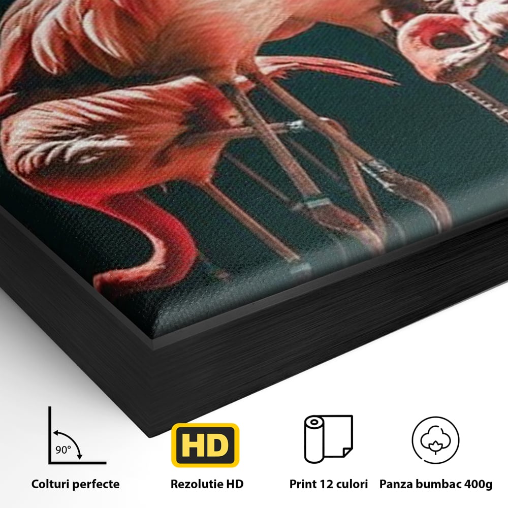 Detaliu al suprafetei: tablou canvas cu flamingo roz, in rama de aluminiu negru