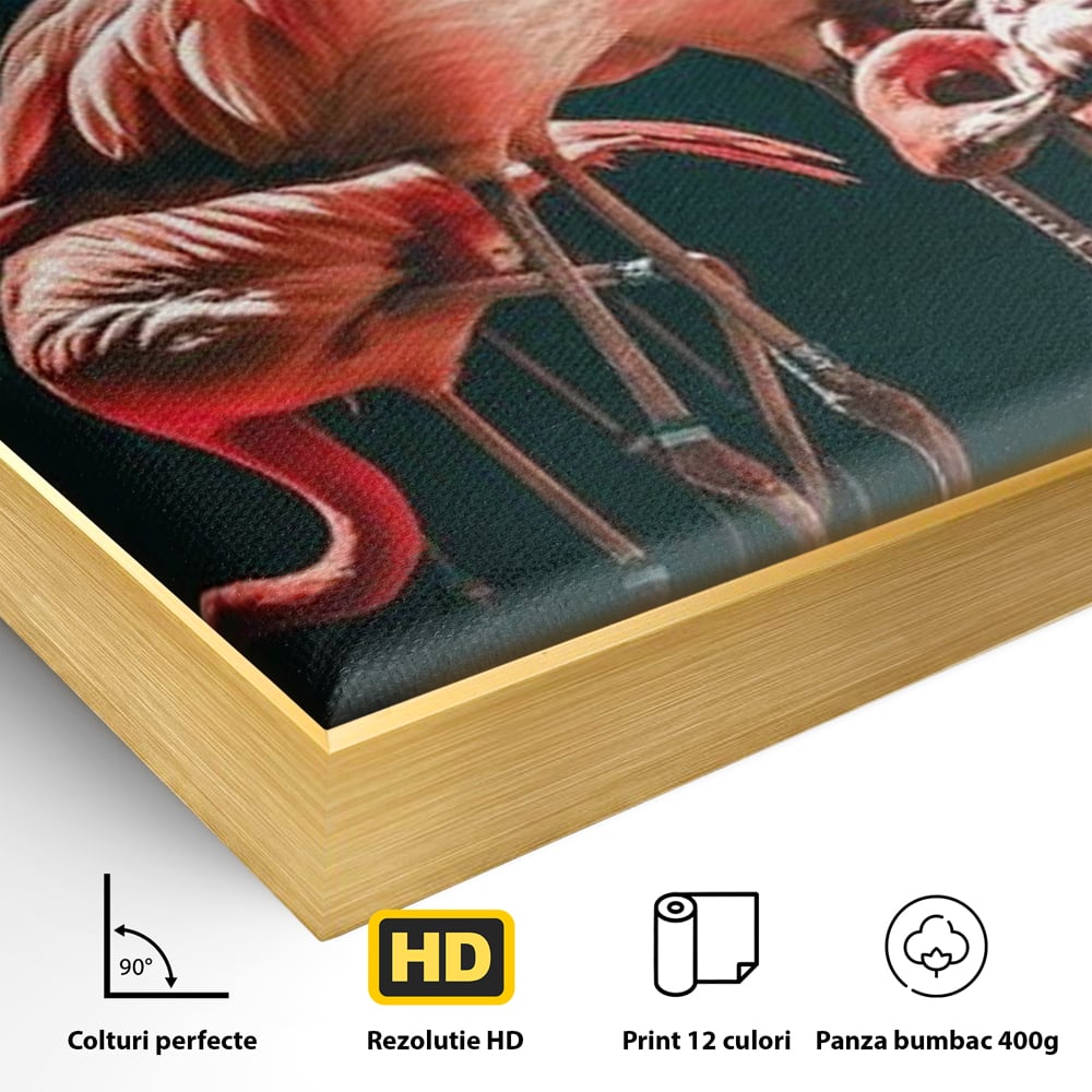 Detaliu al suprafetei: tablou canvas cu flamingo roz, in rama de aluminiu auriu