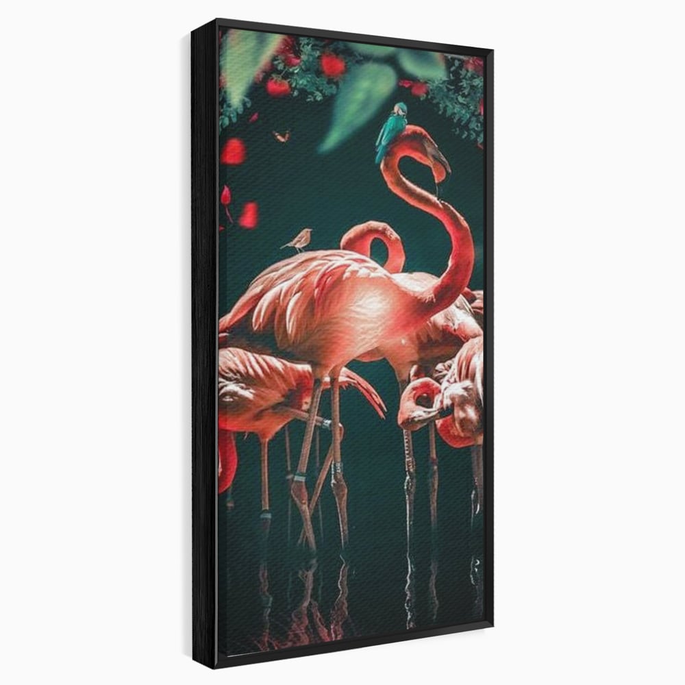 Tablou canvas cu tablou canvas cu flamingo roz, in rama de aluminiu negru