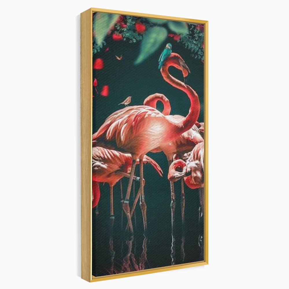 Tablou canvas cu tablou canvas cu flamingo roz, in rama de aluminiu auriu