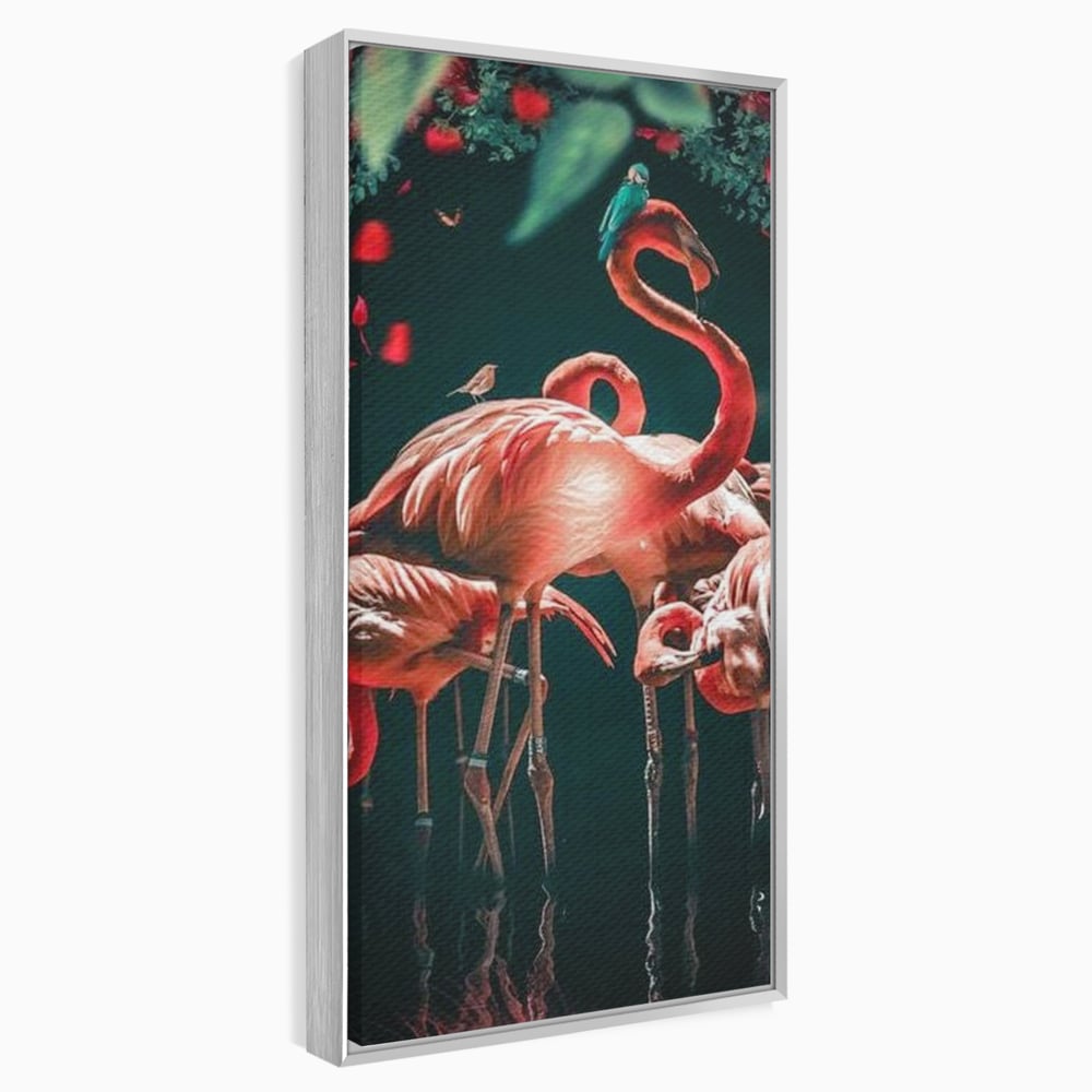 Tablou canvas cu tablou canvas cu flamingo roz, in rama de aluminiu argintiu