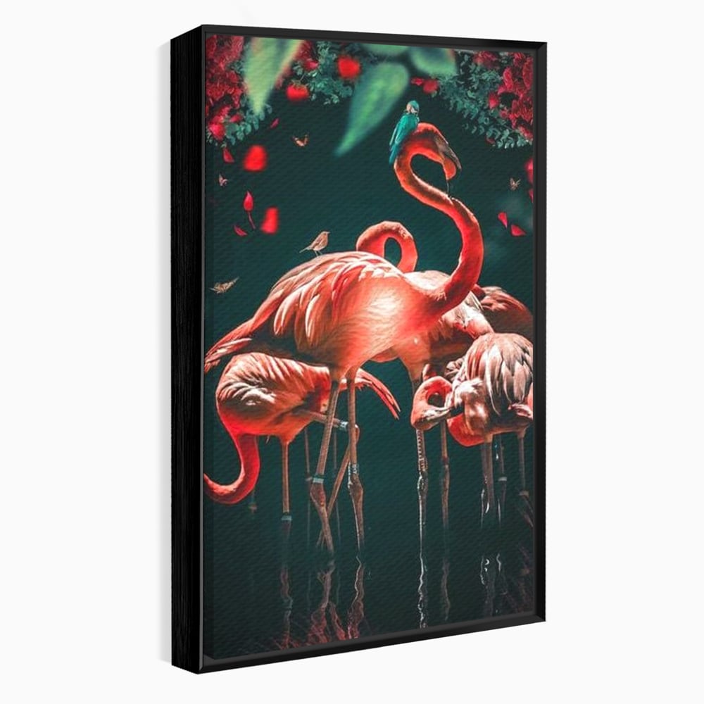 Tablou canvas cu tablou canvas cu flamingo roz, in rama de aluminiu negru