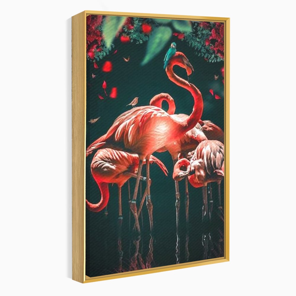 Tablou canvas cu tablou canvas cu flamingo roz, in rama de aluminiu auriu